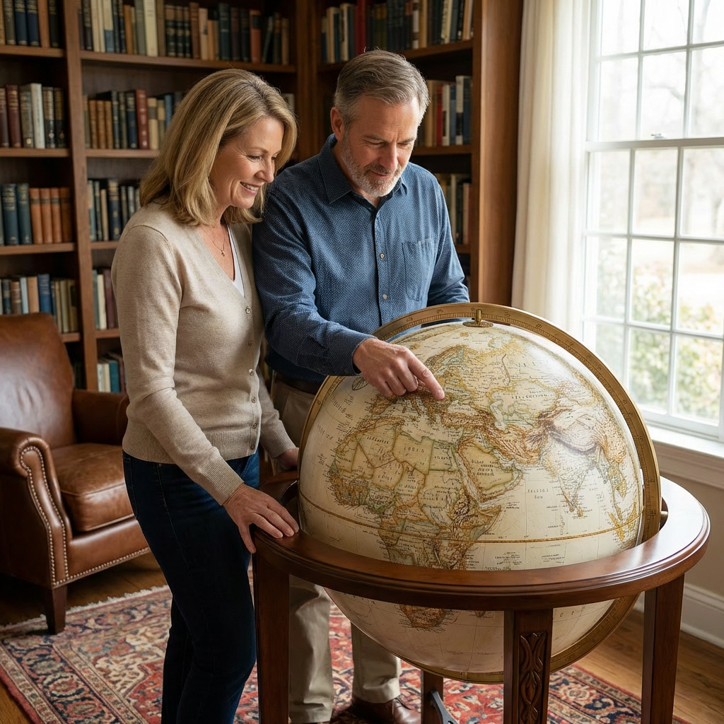 A photorealistic lifestyle photograph of a couple in a home library using the Replogle Globes Jameson floor globe.