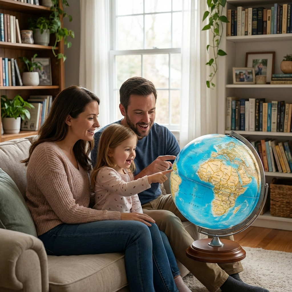 A family happily looks at the illuminated Replogle Nicollet globe in their living room.