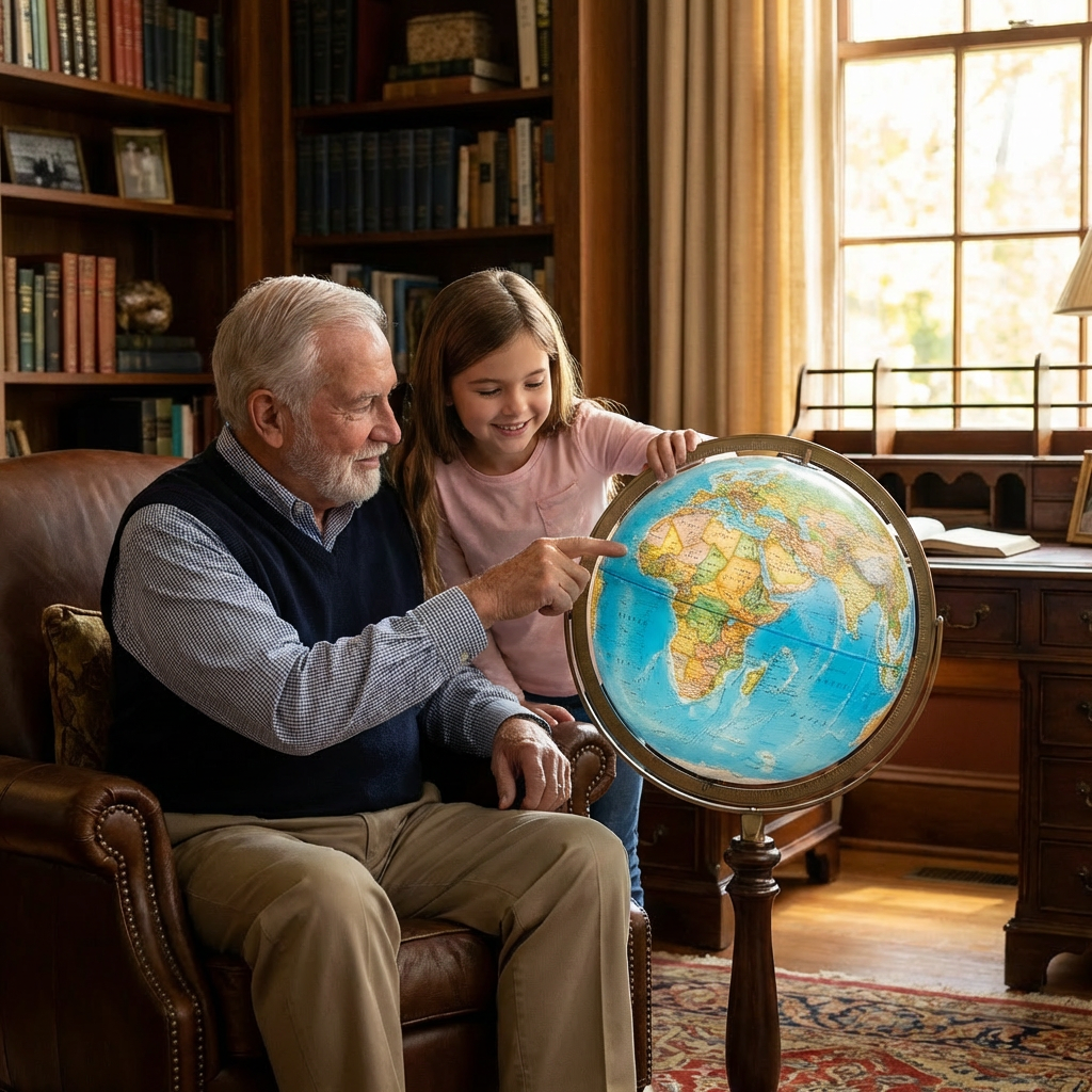 A grandfather and granddaughter are shown in a warm library, interacting with the illuminated Replogle National Geographic Chamberlin floor globe.