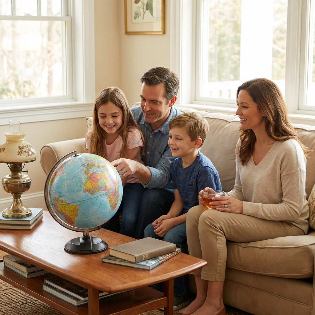 A candid photo of a family of four in their living room, looking at the Replogle Globemaster desk globe on their coffee table. The father points to a location as the mother and two children smile.