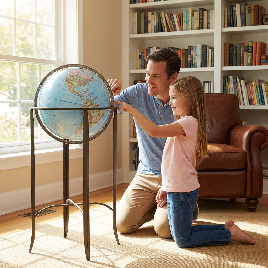 A father and daughter look at the Replogle Globes Trafalgar Blue Ocean Floor Globe in a sunlit living room, with the man pointing to a location on the map .