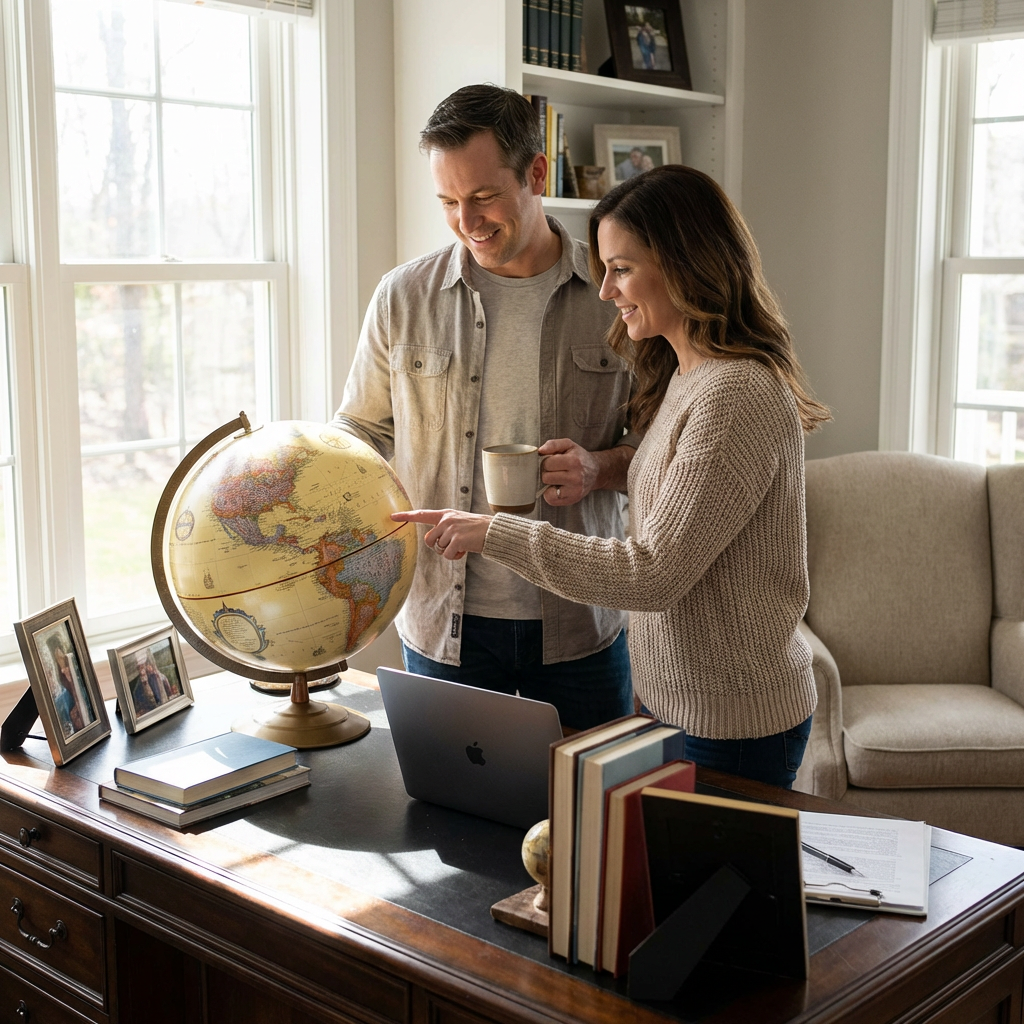 A couple in a home office uses the Replogle Globemaster desk globe, pointing at a map location.