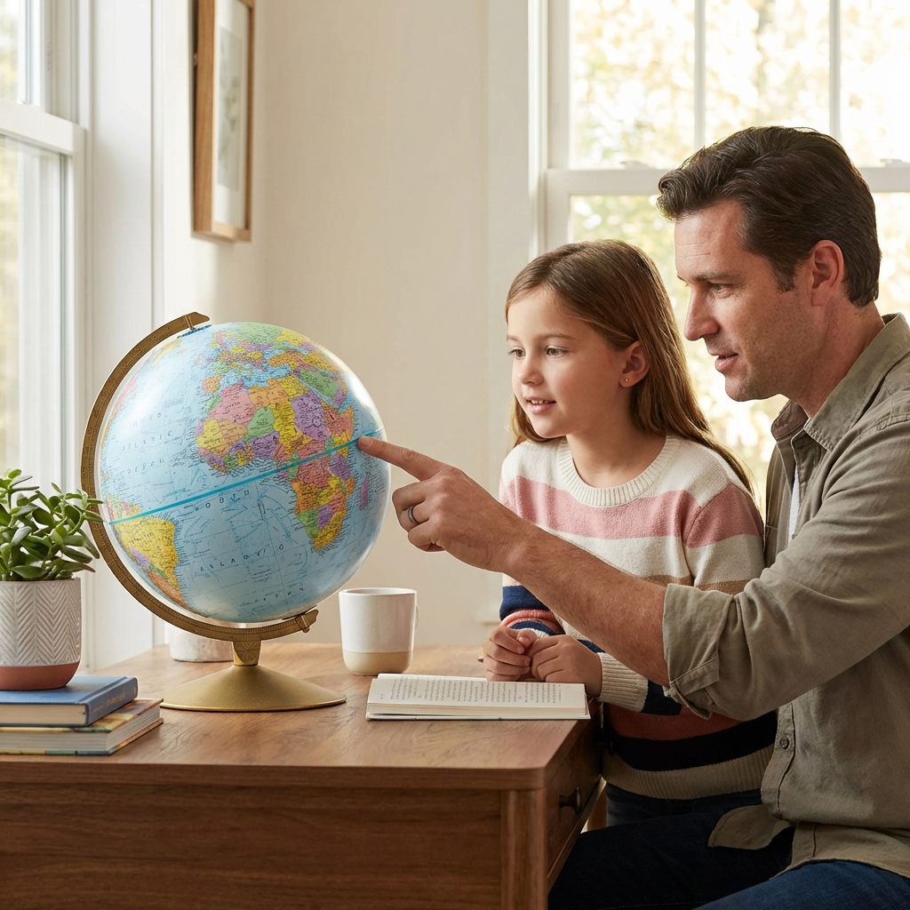 A man and a young girl sit at a sunlit desk, using the Replogle Globes Explorer 12" desk globe.