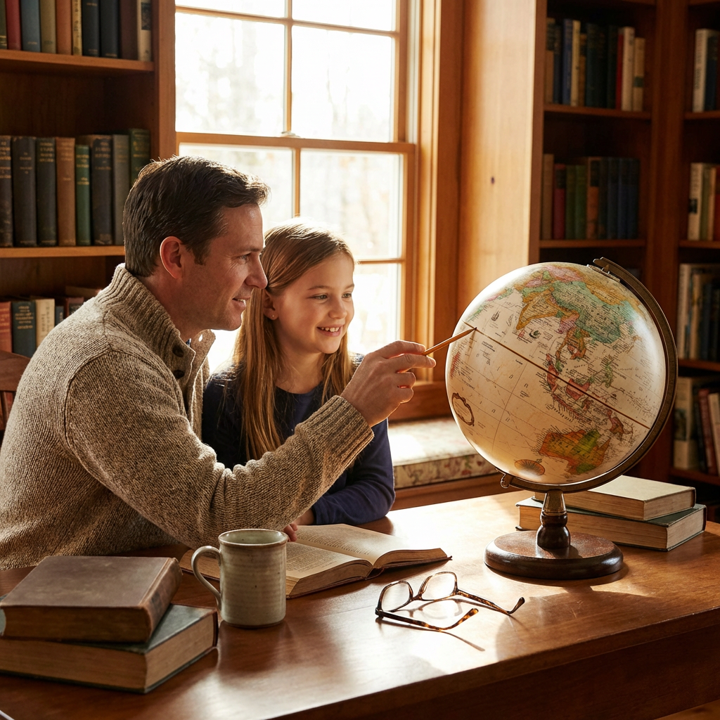 A man and his daughter study the Replogle Quincy antique ocean desk globe together in a warm, sunlit home library.