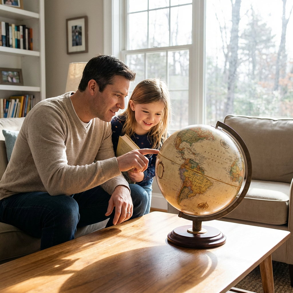 A father and daughter look at the Replogle Lenox 12" antique ocean globe together in a sunny living room.