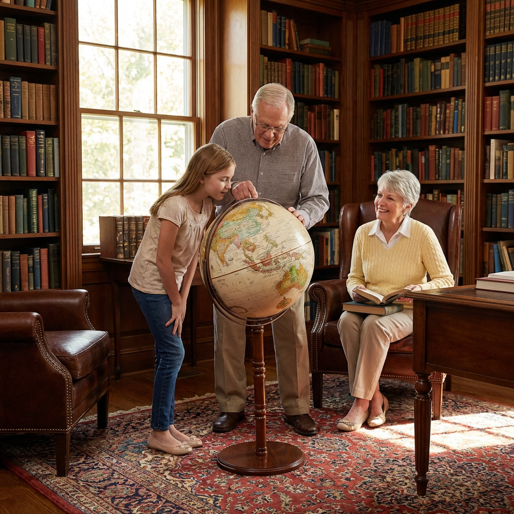 A family, including a grandfather, grandmother, and granddaughter, is gathered around and interacting with the Replogle Commander II floor globe in a well-lit home library.