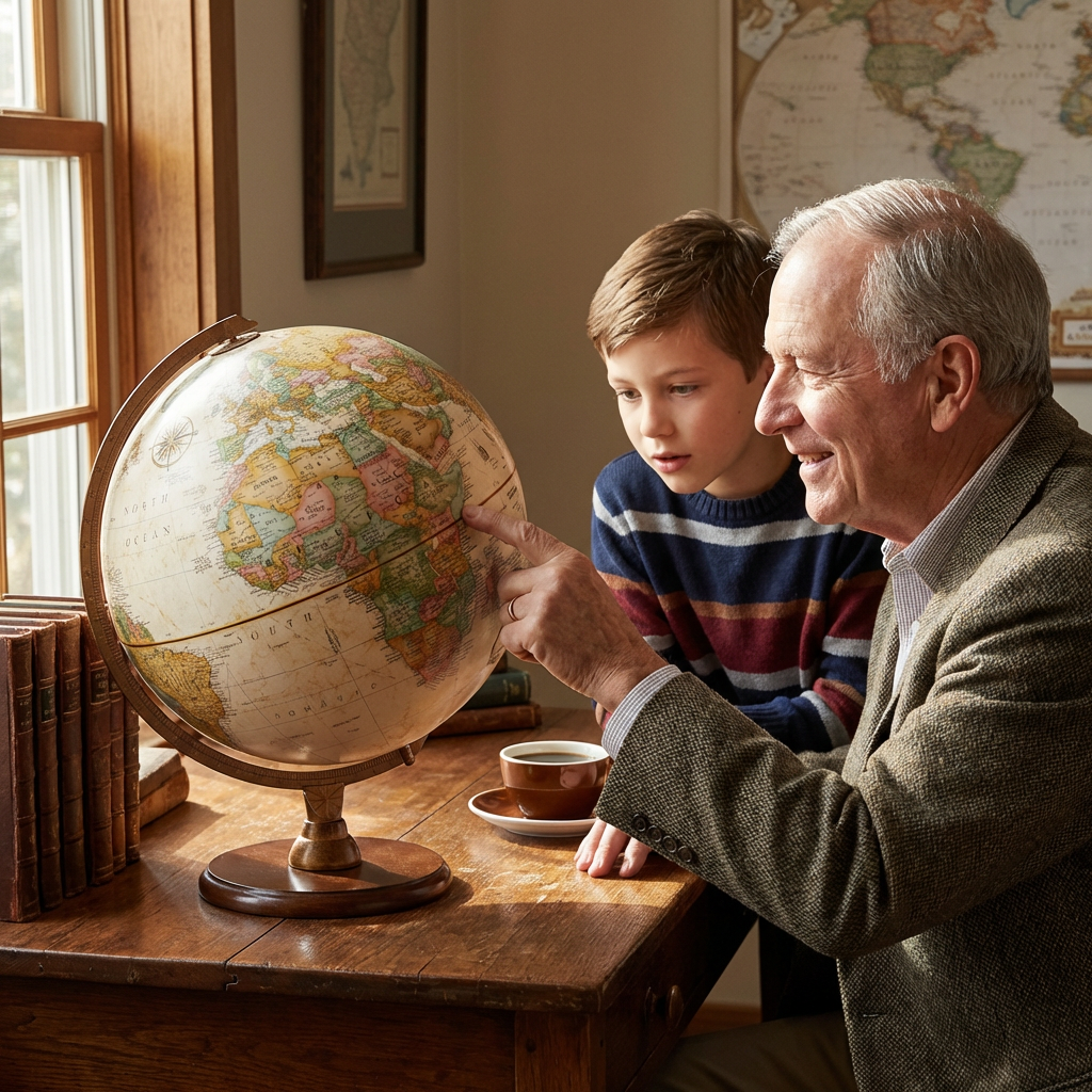 A grandfather and his grandson look at the Replogle Hastings antique globe on a wooden desk.