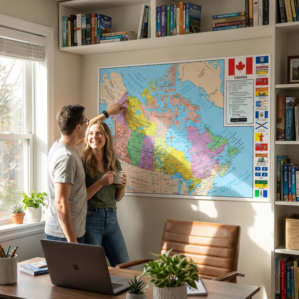 A photorealistic lifestyle photo shows a couple in a sunlit home office, with the Replogle Globes Canada wall map mounted on the wall, which they are happily pointing at and using to plan.