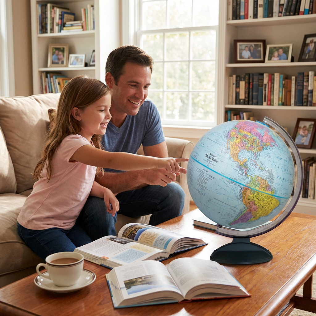 A father and daughter smile as they point at the Replogle Traveler 12-inch blue ocean desk globe, which sits on a wooden coffee table in a sun lit living room.