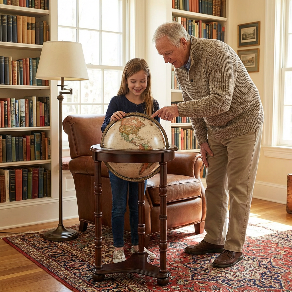 A grandfather and his granddaughter are looking at a Replogle floor globe in a home library, pointing at a map.