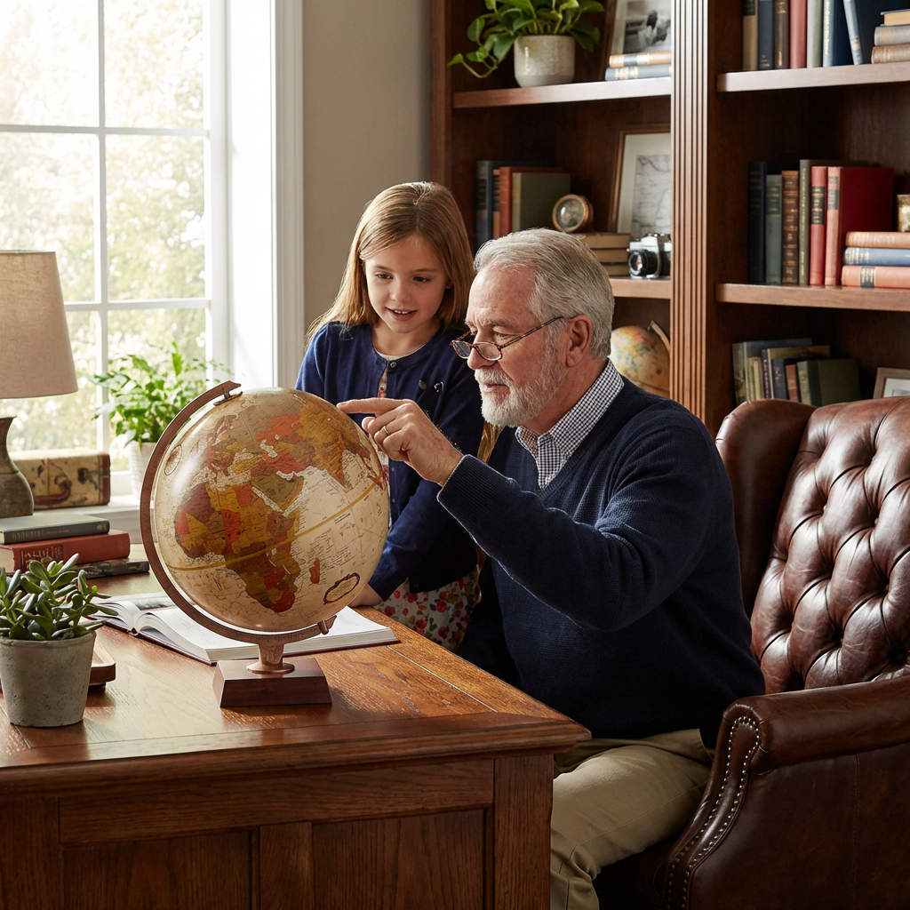 A lifestyle photo of a grandfather and granddaughter exploring the Replogle Northwoods desk globe together in a cozy, book-filled home office.