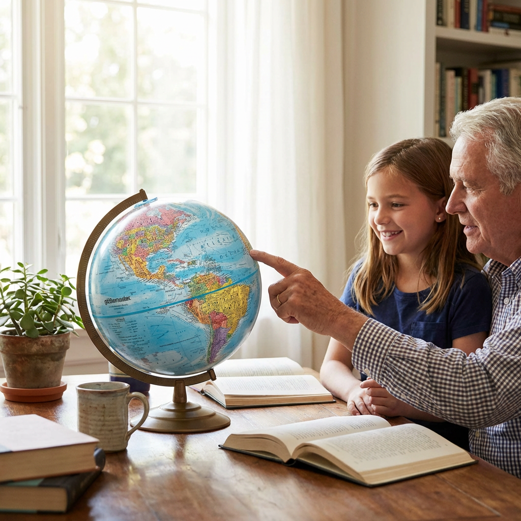 A grandfather and granddaughter use the Replogle Globemaster globe in a sunlit home setting.