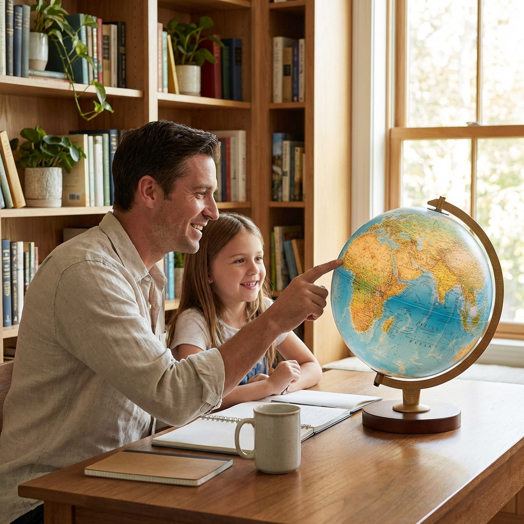 A father and daughter in a cozy, sunlit home study, both smiling and looking at the Replogle Livingston globe, which is illuminated on a wooden desk.