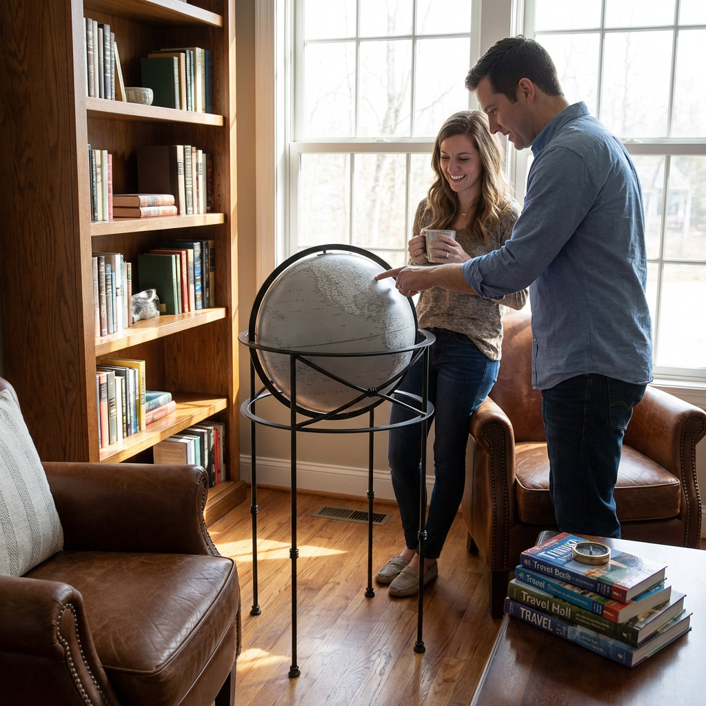 A couple in a cozy home library, with the man pointing at a Replogle Dawson globe on a tall metal stand.