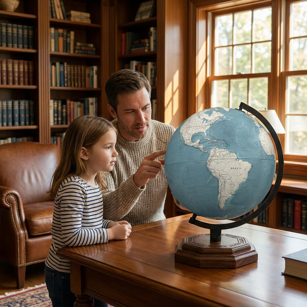 A father and daughter in a cozy home library look at the Replogle Globes PALERMO Blue on a wooden desk.
