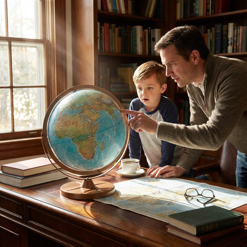 A man and young boy examine the Replogle Atlantis globe on a sunlit library desk, surrounded by books.