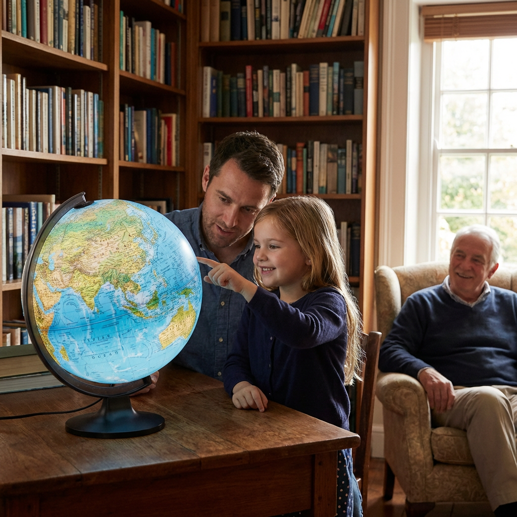 A family gathers around an illuminated Replogle Copenhagen globe in a warm, book -filled study, with a father and daughter pointing at a location.