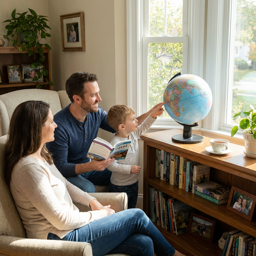 A family happily plans a trip, with a young boy pointing at the Replogle Globes Trekker 6" desk globe in a sunlit living room.