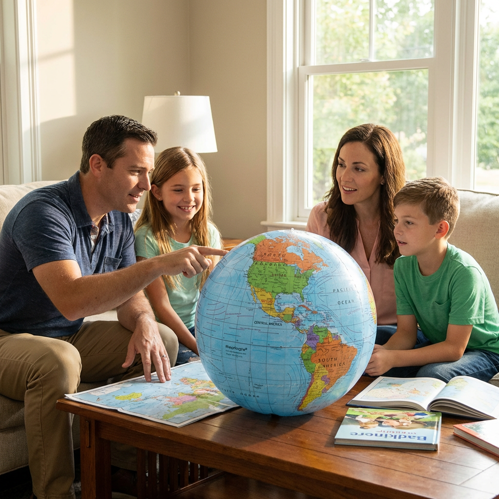 A family of four gathers around a Replogle inflatable blue ocean globe in a sunny living room, exploring a map.