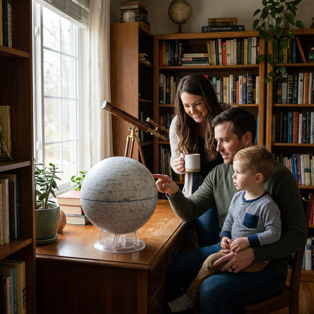 A family of three, a man, woman, and young boy, gather around a desk in a home library, looking at and pointing to the Replogle moon globe.