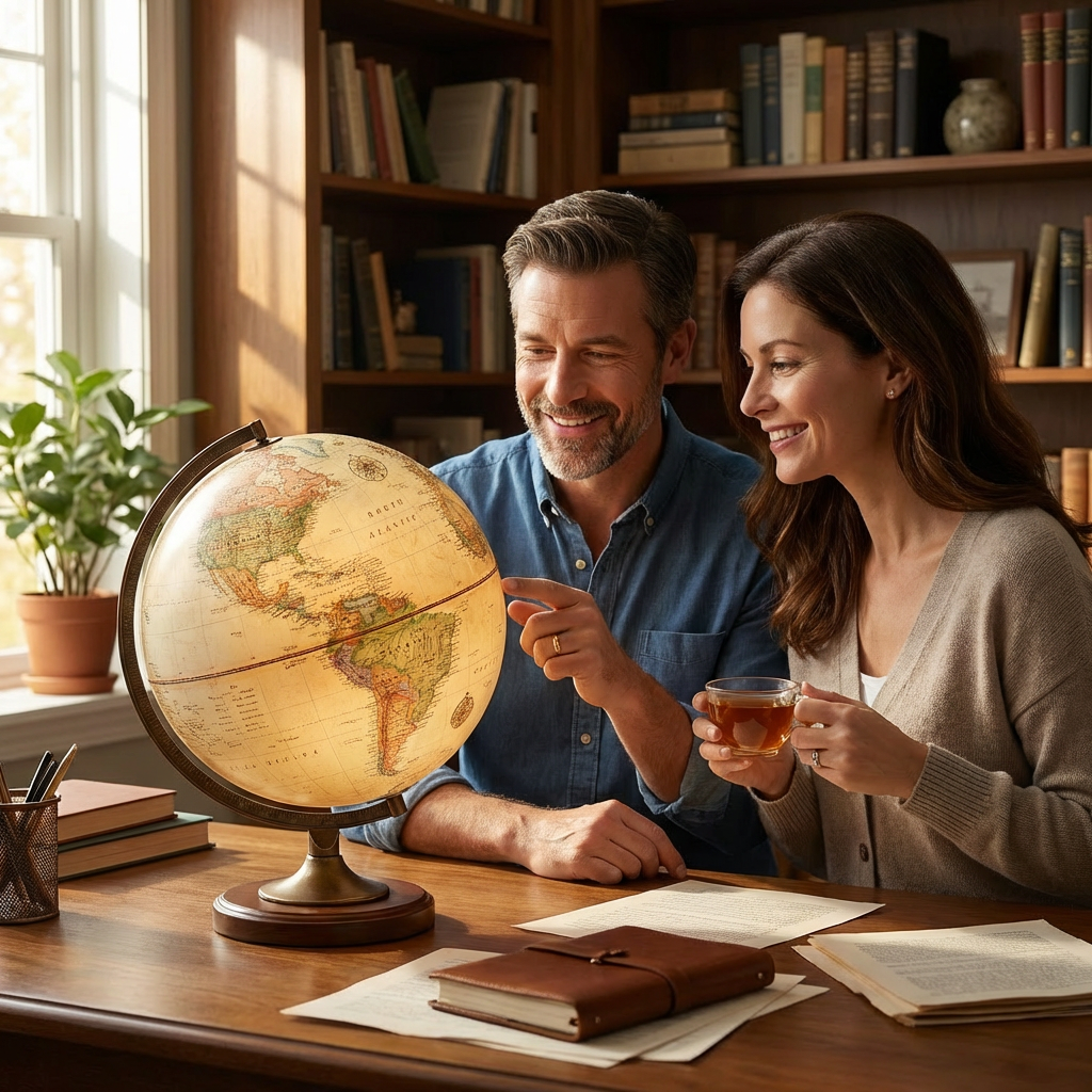 A couple in a library setting smiles as the man points to the illuminated Replogle Carlyle globe.