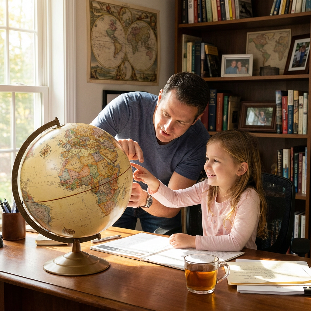 A father and daughter point at the Replogle antique ocean globe on a desk in a sunlit home office.