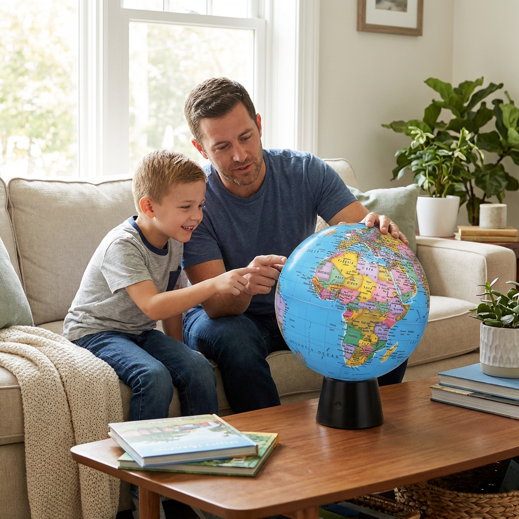 A father and son in a sunlit living room look at a Replogle Rotating 8" Blue Ocean Desk Globe.
