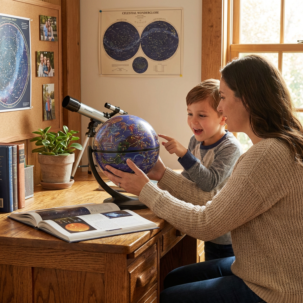 A mother and son explore the Replogle Celestial Wonderglobe together in a cozy home study.