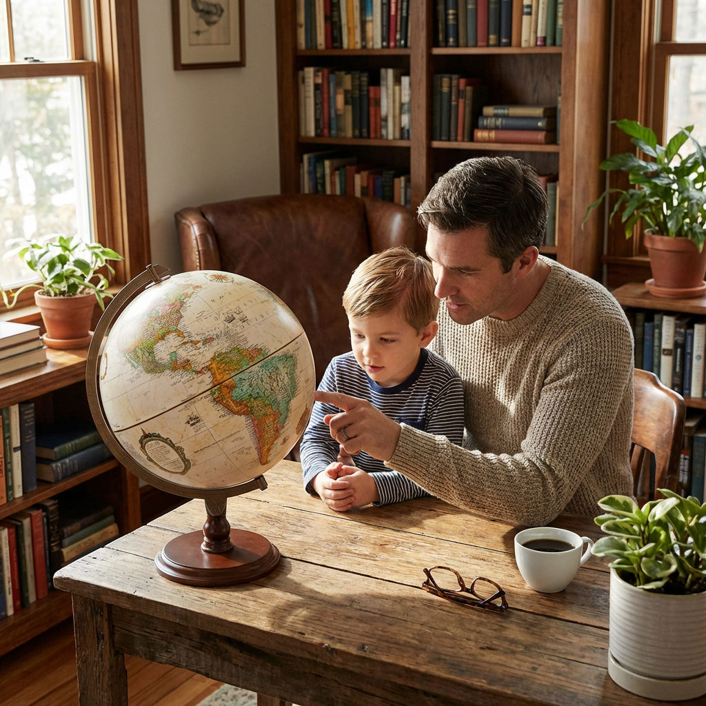 A father and his young son are sitting at a rustic wooden table in a sunlit study, looking at the Replogle Lenox 12" antique ocean desk globe.