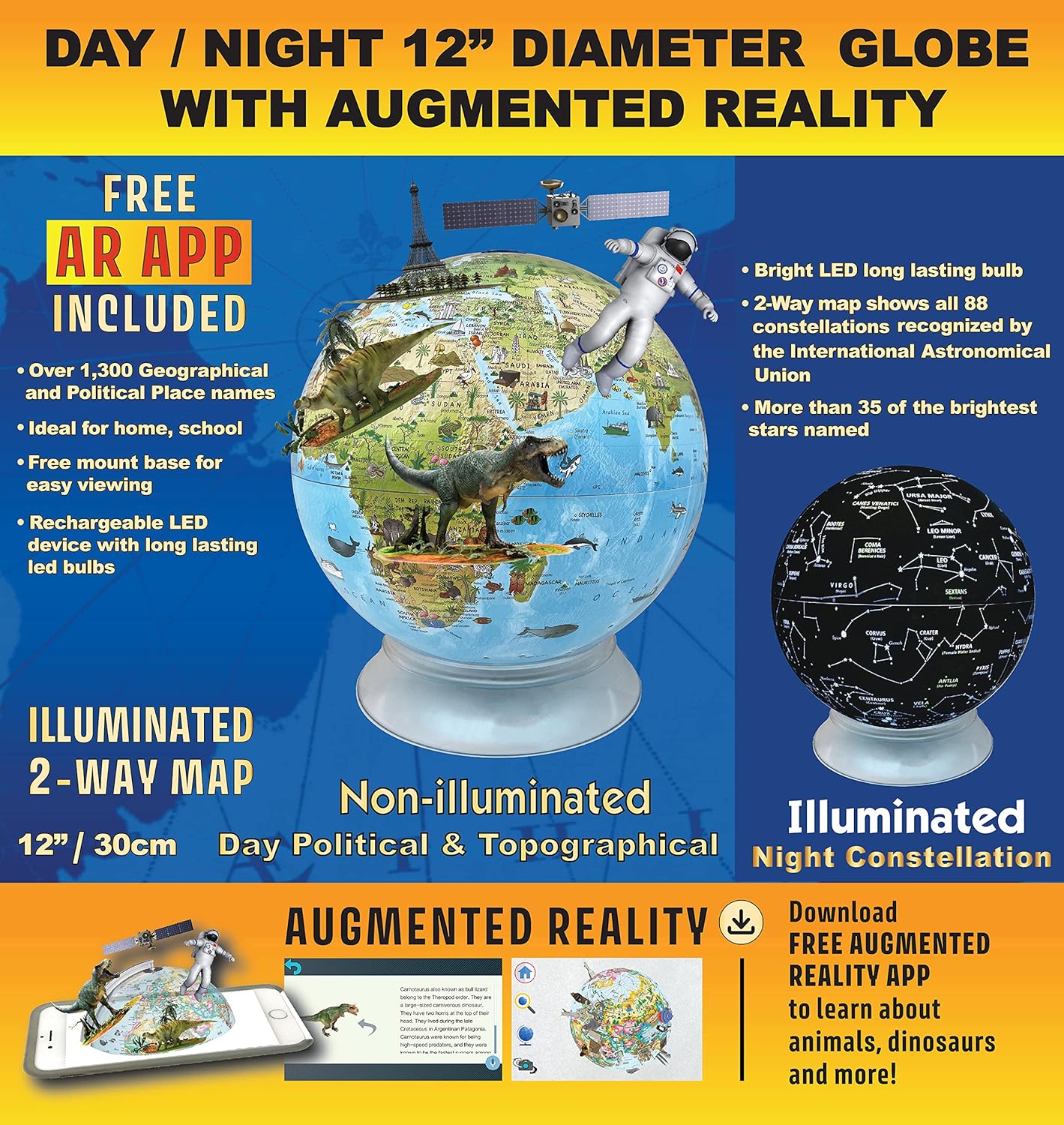 Globe terrestre pour enfants de 30 cm (12 pouces) avec affichage jour et nuit et carte d'apprentissage en réalité augmentée illuminée