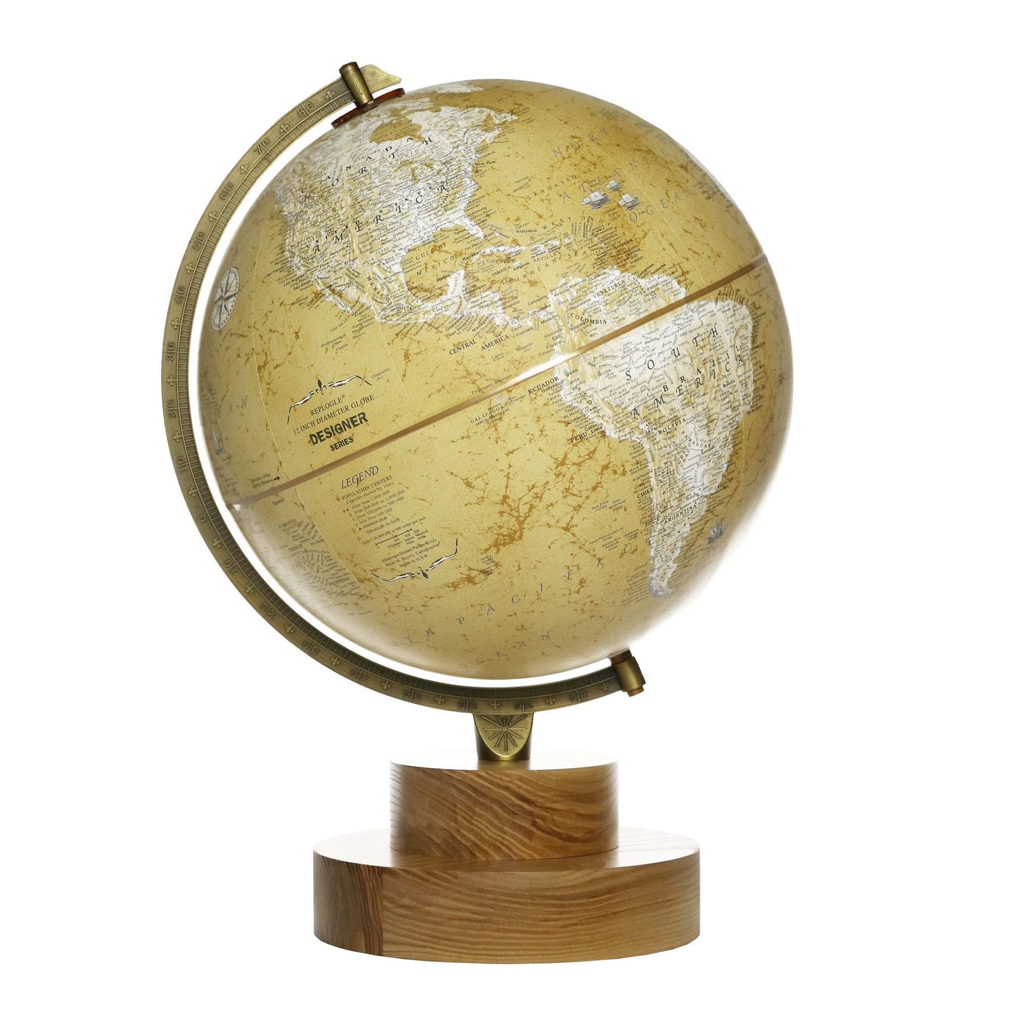 12" Chicago Antique Desk Globe - Raised Relief & Solid Ash Base