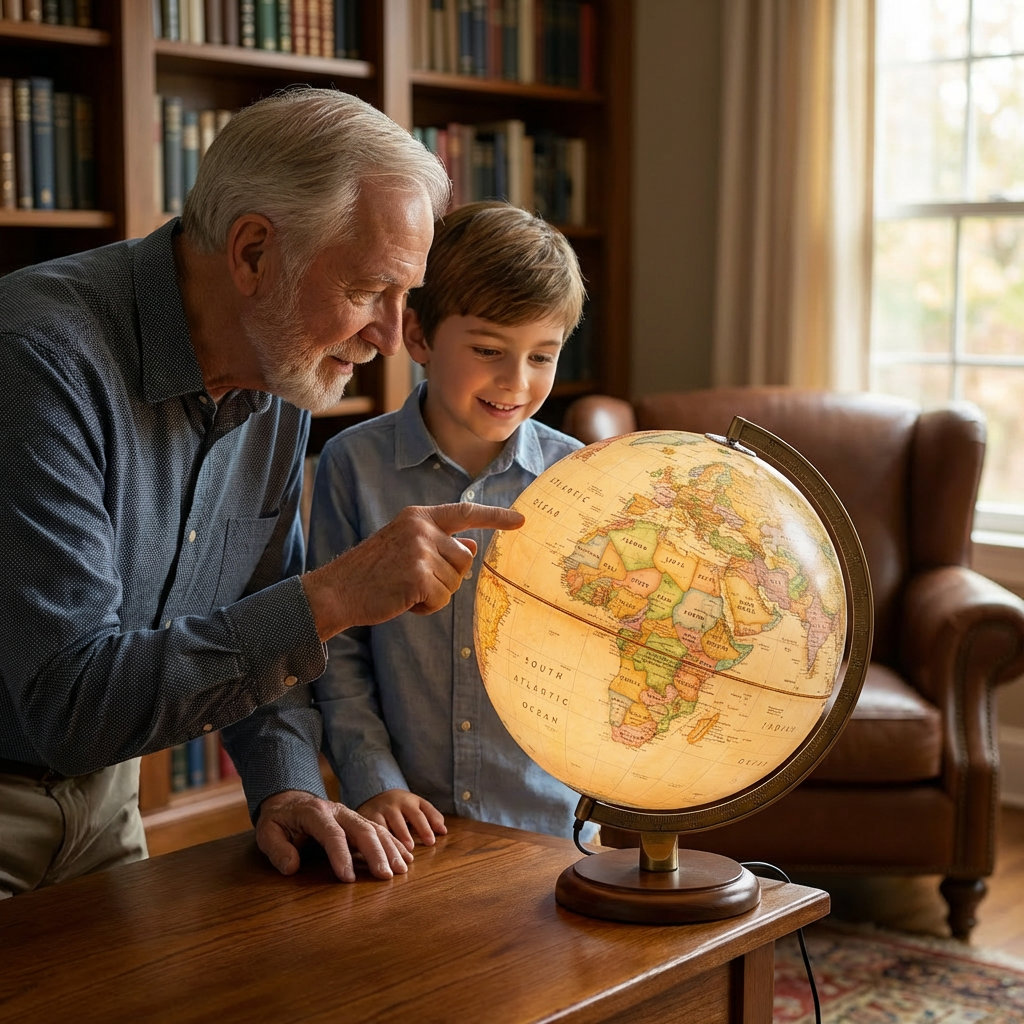 A grandfather and his grandson examine the illuminated Replogle National Geographic ADAMS globe in a home library.