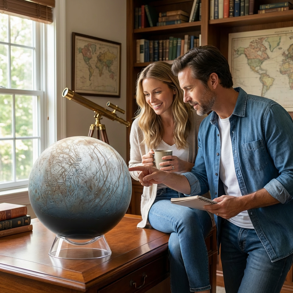 A lifestyle photograph shows a man and a woman interacting with the Europa globe on a wooden desk in a home library. Natural light streams from a window, illuminating the scene. The man points at the globe while holding a notebook, and the woman smiles. The globe is on its clear stand.