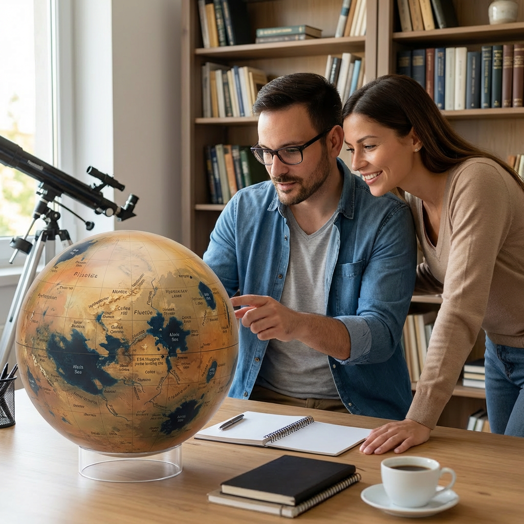 A couple in a home office with natural light are smiling as they examine the Replogle Globes Titan globe, pointing to a location on the map. A telescope and bookshelves are in the background.