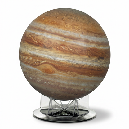 A photorealistic studio photograph of the Replogle Globes Astronomy Magazine JUPITER globe on its clear acrylic stand, centered on a pure white background with a soft shadow .