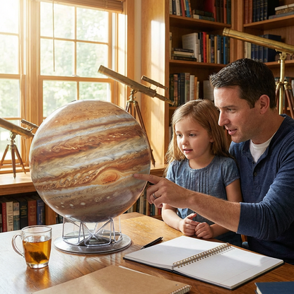 A father and daughter study the Replogle Globes Jupiter model in a sunlit home library.