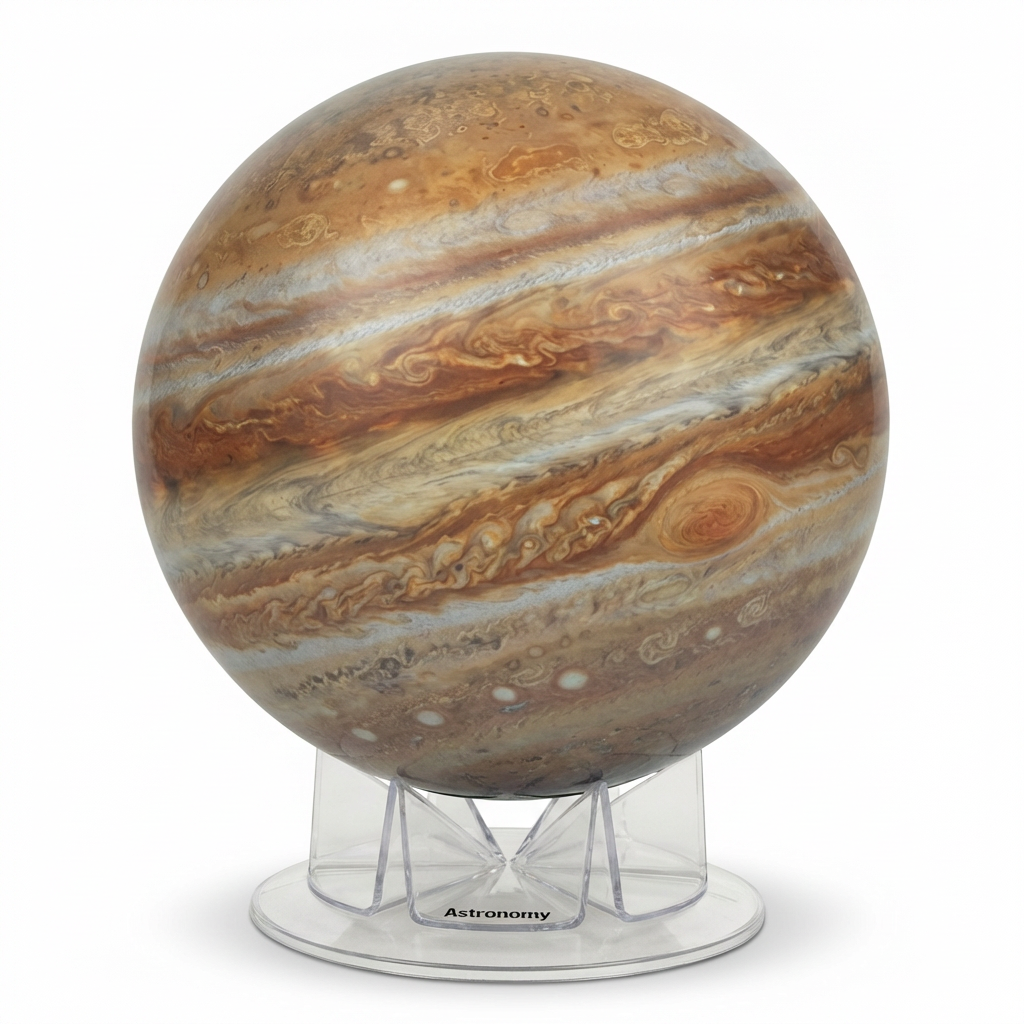 Photorealistic studio photo of the Jupiter globe on its stand, centered on a pure white background with soft shadow.