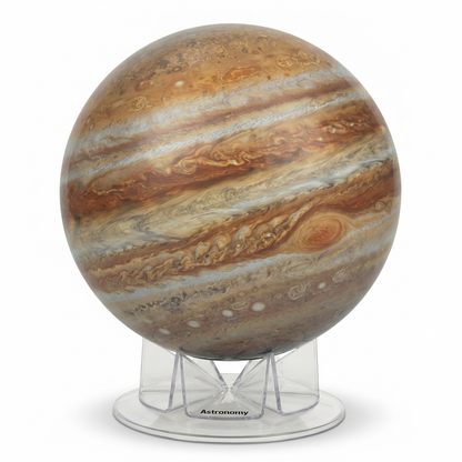 Photorealistic studio photo of the Jupiter globe on its stand, centered on a pure white background with soft shadow.