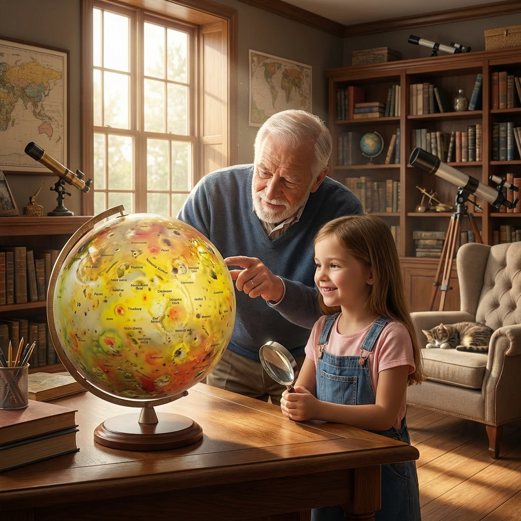 A grandfather and his granddaughter study the Replogle Astronomy IO Multiple globe together in a cozy, sunlit library.