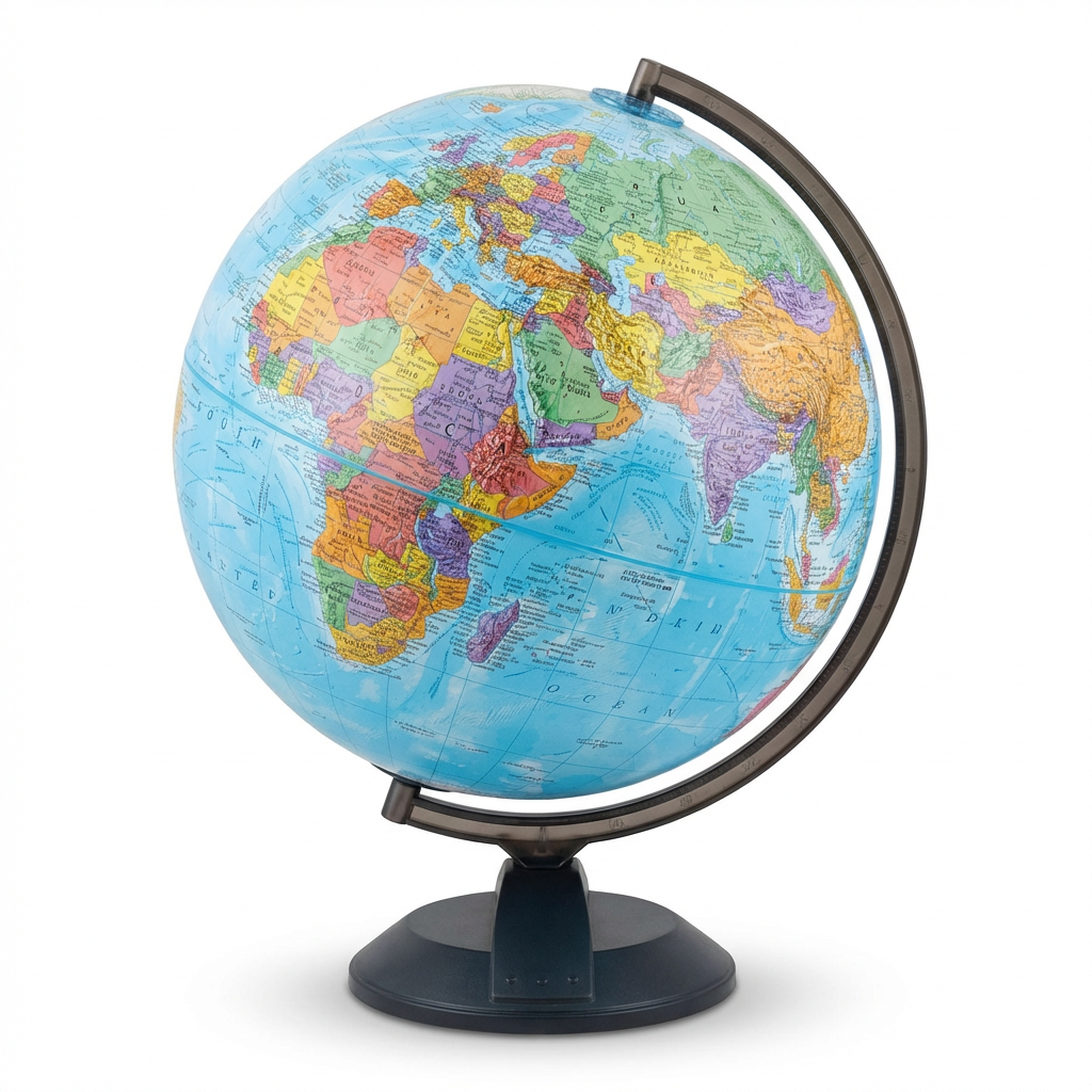 A photorealistic studio product photograph of the 12-inch Globemaster blue ocean desk globe with raised relief and a dark metal semi-meridian on a black base, centered on a pure white background with a soft shadow.
