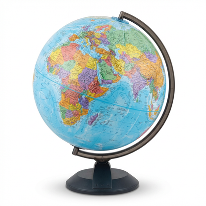A photorealistic studio product photograph of the 12-inch Globemaster blue ocean desk globe with raised relief and a dark metal semi-meridian on a black base, centered on a pure white background with a soft shadow.