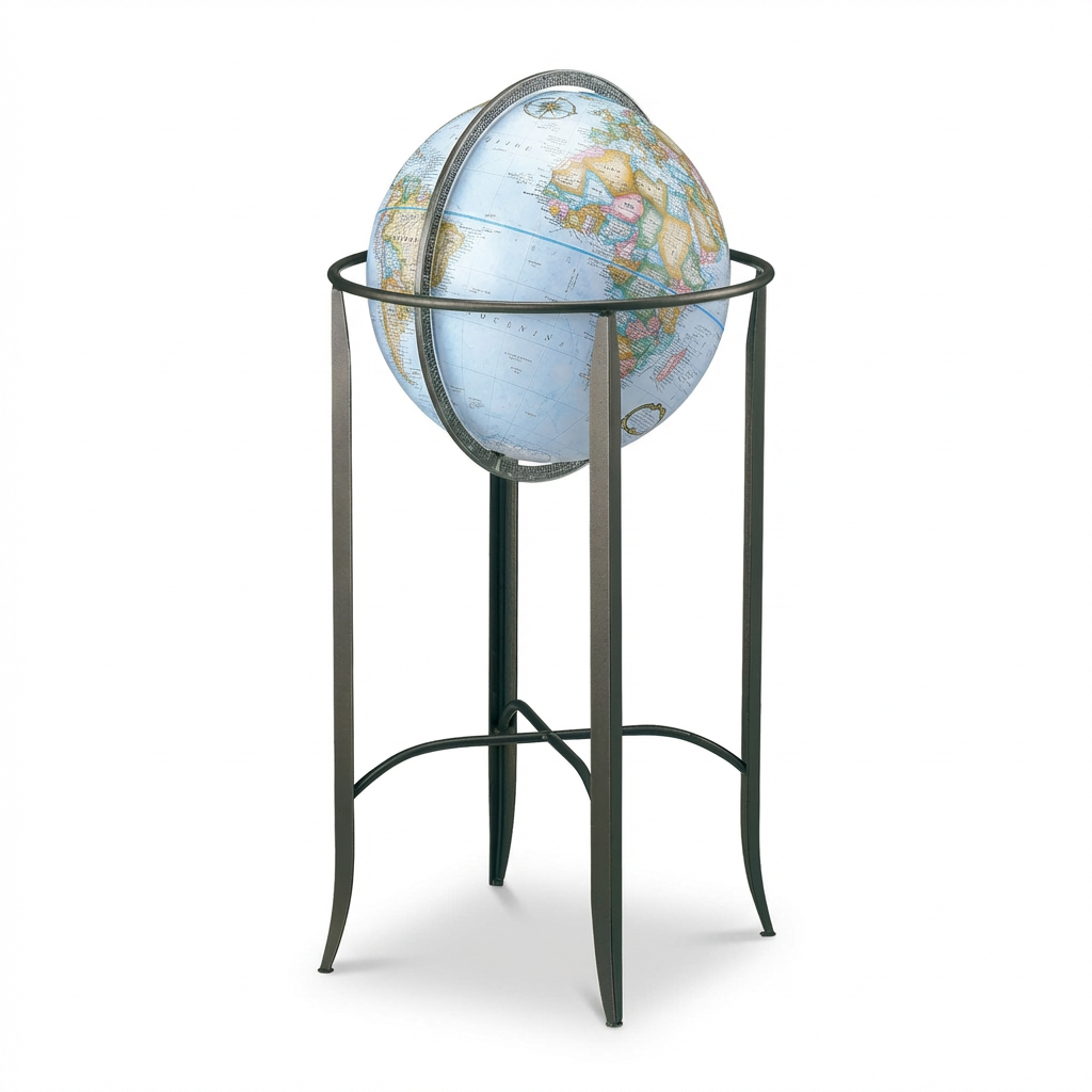 A photorealistic studio view of the Replogle Trafalgar 16" floor globe in French, angled to the left on a white background.