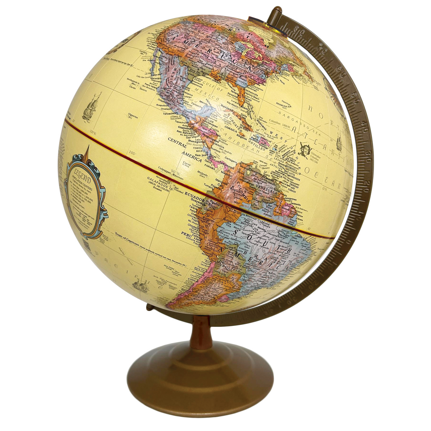 12-inch Globemaster French desk globe with antique-style cream oceans and a bronze metal stand.