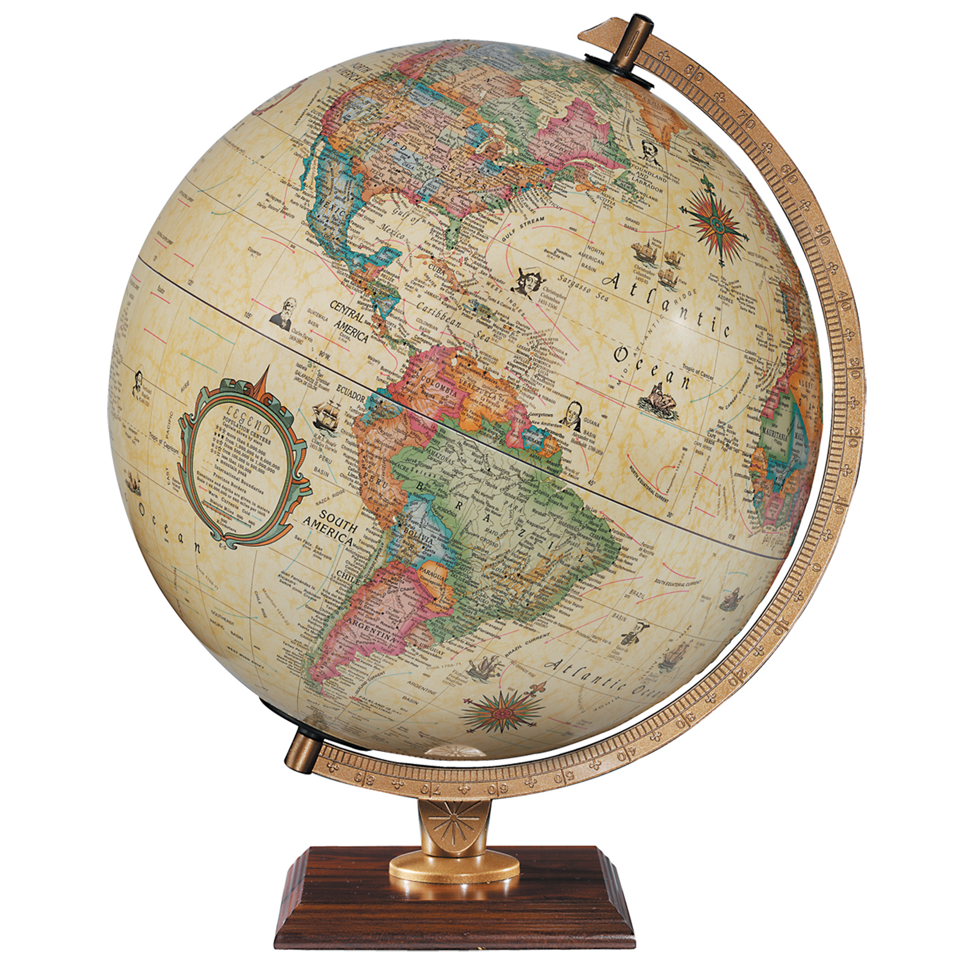 Forester 9-inch antique ocean desk globe with raised relief and a brass meridian on a wood base.
