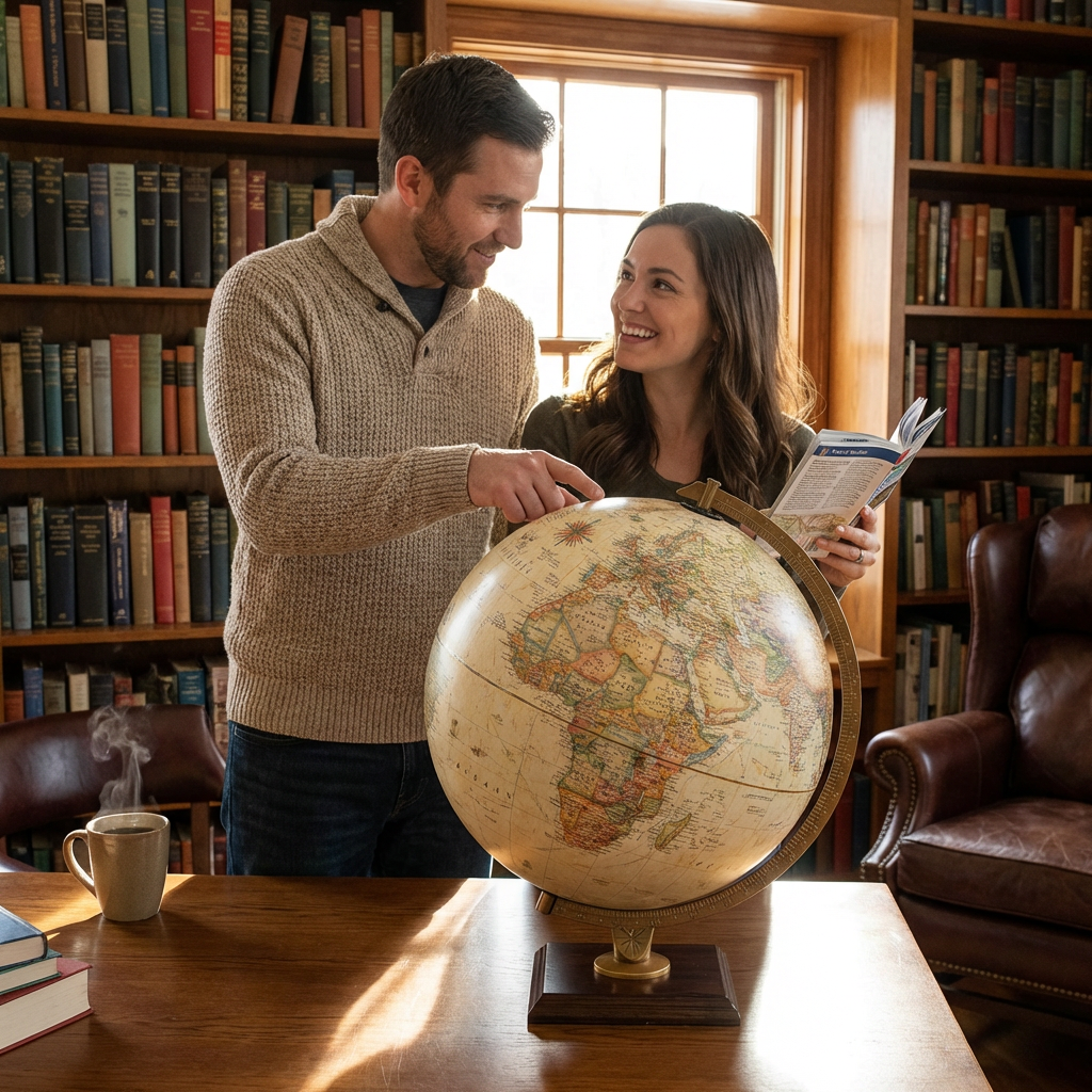 A couple in a home library, smiling as they point at the Replogle antique-style desk globe on a wooden desk.