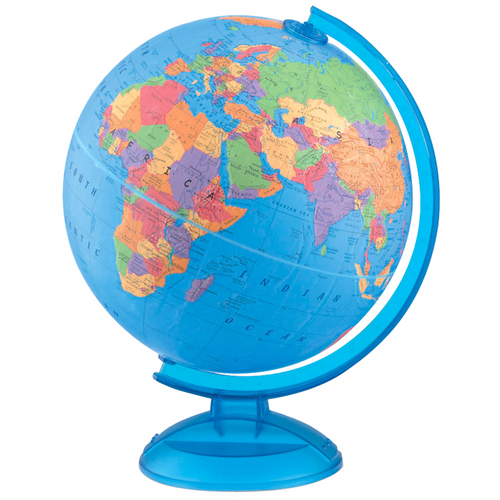 A 12-inch French edition desk globe featuring blue oceans, raised relief, and a blue plastic stand.