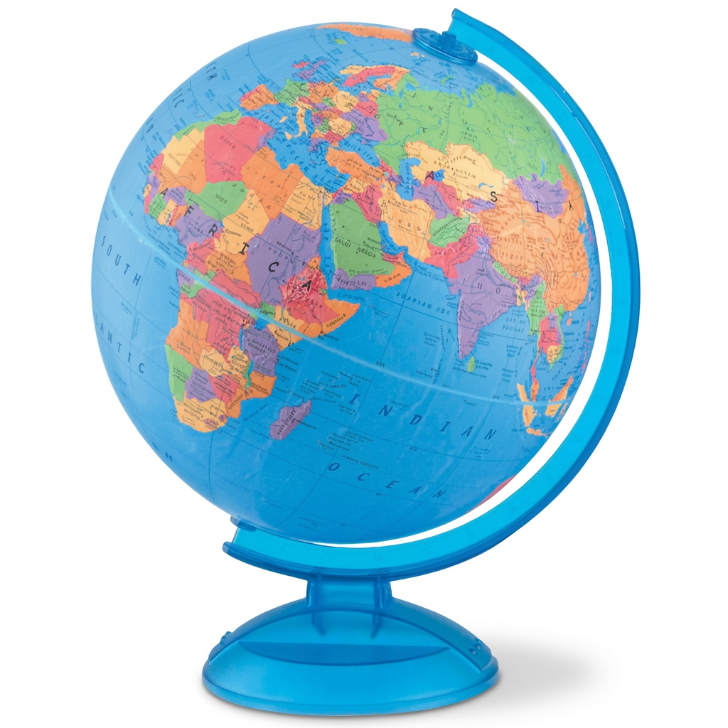 Replogle Globes Adventurer 12 -inch blue ocean desk globe with French map and blue plastic stand on white background.