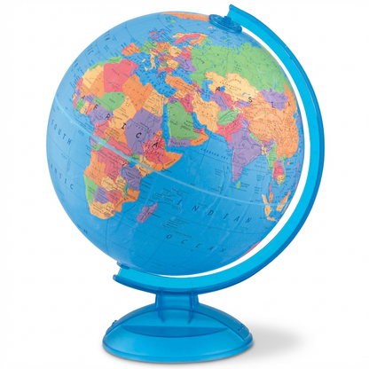 Replogle Globes Adventurer 12 -inch blue ocean desk globe with French map and blue plastic stand on white background.