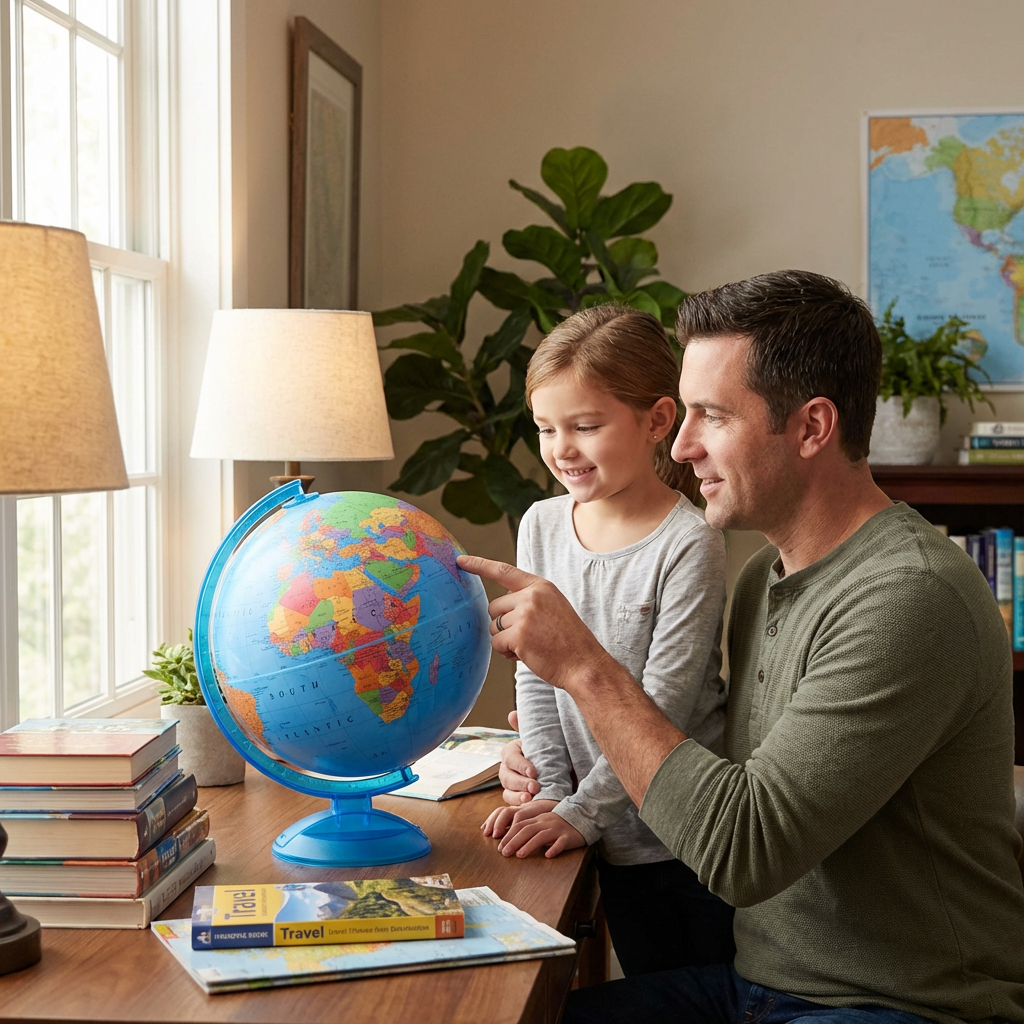 A lifestyle photograph shows a father and daughter smiling while looking at the Replogle Adventurer globe. They are at a wooden desk in a well-lit home library with natural light from a window.
