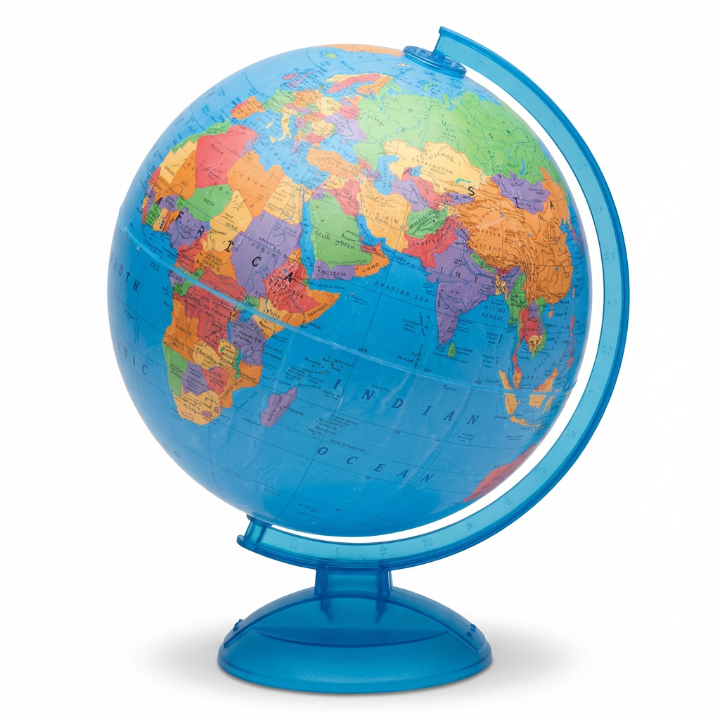 A photorealistic studio photo of the blue Replogle Globes Adventurer desk globe, centered on a white background with a soft shadow.